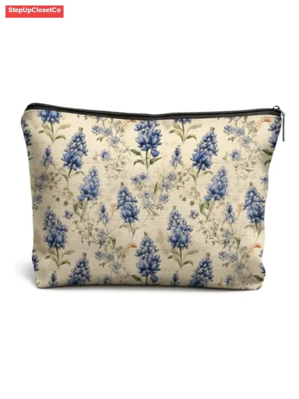 Vintage Texas Bluebonnet Floral Makeup Bag, Waterproof Linen Cosmetic Pouch,